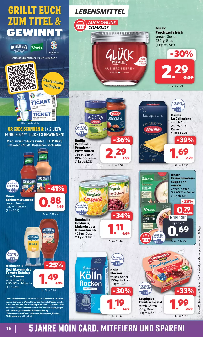 Aktueller Prospekt Combi - Prospekte - von 08.04 bis 13.04.2024 - strona 18 - produkty: aufstrich, barilla, beutel, bonduelle, bonduelle goldmais, eier, eis, elle, feinschmecker, fisch, flasche, frucht, fruchtaufstrich, früchte, gewinnspiel, Goldmais, grill, grillsauce, hülsenfrüchte, ketchup, knorr, kölln, lebensmittel, mais, mayonnaise, pasta, pesto, reis, salat, sauce, saucen, saupiquet, schlemmersauce, schlemmersaucen, senf, suppe, thunfisch, Ti, tomato ketchup, Yo, ZTE