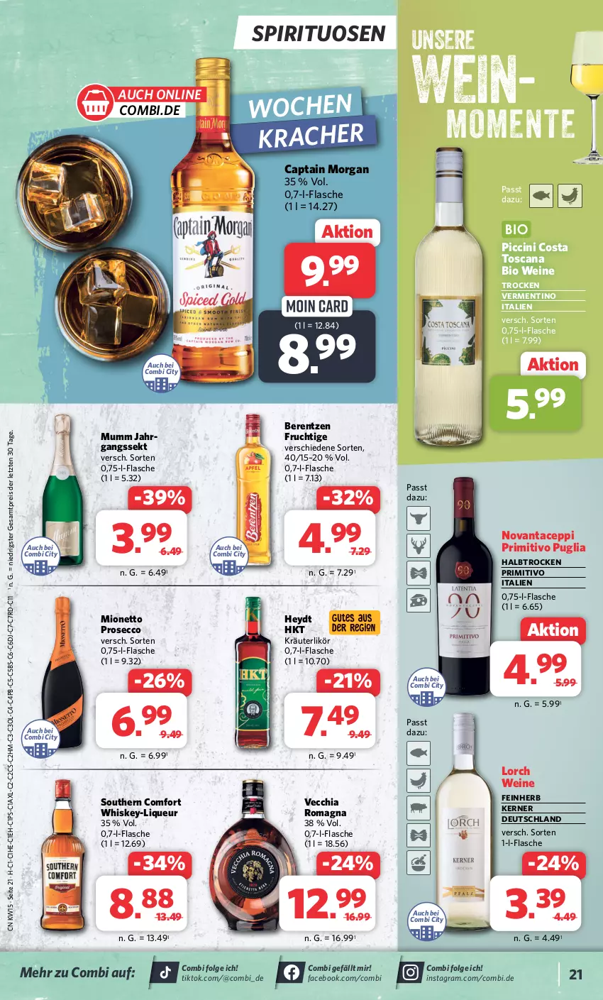 Aktueller Prospekt Combi - Prospekte - von 08.04 bis 13.04.2024 - strona 21 - produkty: berentzen, bio, Cap, captain morgan, chia, cin, ecco, eis, ente, flasche, frucht, jahrgangssekt, kracher, kräuter, kräuterlikör, LG, likör, liqueur, mionetto, mumm, primitivo, prosecco, reis, sekt, Southern Comfort, spirituosen, Ti, Vecchia Romagna, wein, weine, whiskey, ZTE