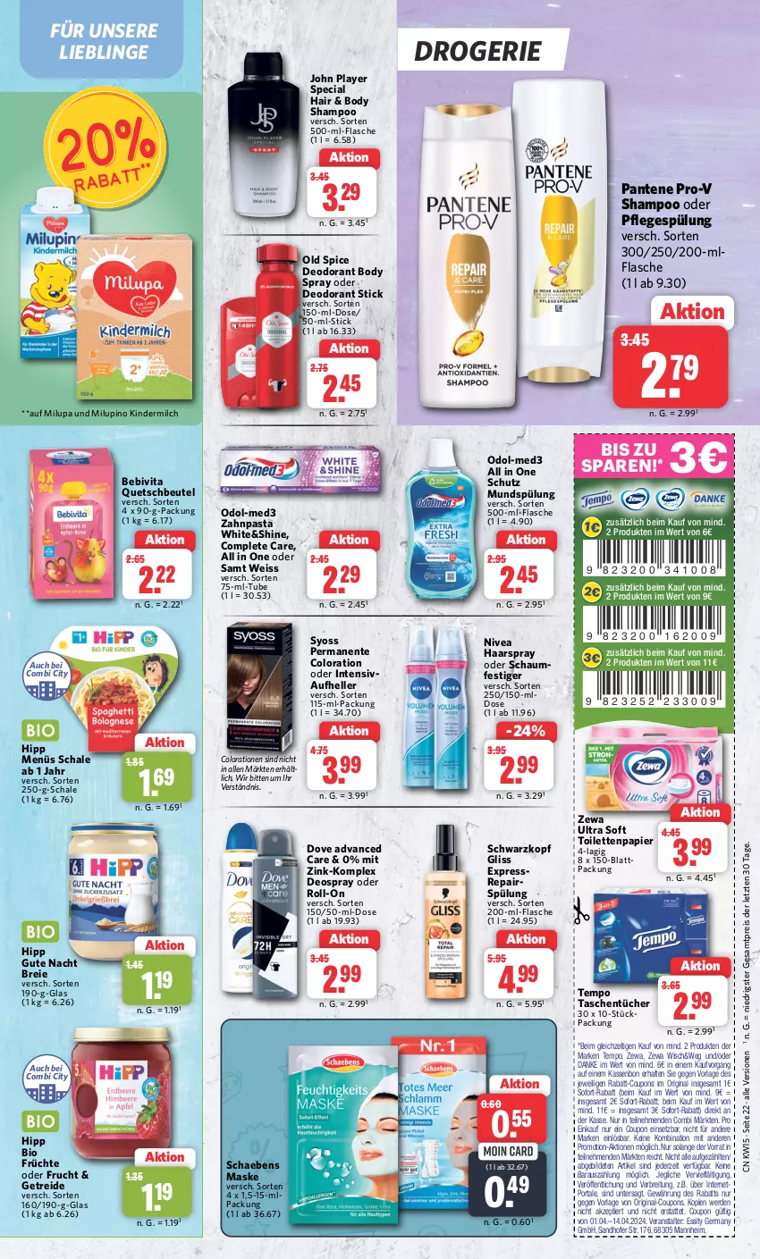 Aktueller Prospekt Combi - Prospekte - von 08.04 bis 13.04.2024 - strona 22 - produkty: bebivita, beutel, bio, body, Brei, Colorationen, coupon, coupons, deo, deodorant, deospray, dove, eis, elle, ente, erde, flasche, frucht, früchte, Germ, gin, gliss, haarspray, hipp, Kinder, kindermilch, Maske, milch, milupa, mundspülung, nivea, oder schaumfestiger, Odol, Old Spice, pantene, pantene pro-v, papier, pasta, Pflegespülung, pro-v, quetschbeutel, rabatt-coupon, reis, roll-on, Schaebens, Schal, Schale, schaumfestiger, schwarzkop, schwarzkopf, shampoo, sofort-rabatt, spülung, syoss, Tasche, taschen, taschentücher, Tempo, Ti, toilettenpapier, tücher, vita, Yo, zahnpasta, zewa, ZTE