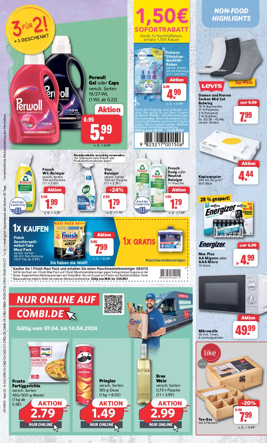 Aktueller Prospekt Combi - Prospekte - von 08.04 bis 13.04.2024 - strona 23 - produkty: Bau, baumwolle, beutel, bio, biozidprodukte, bree, Cap, coupon, coupons, din a4, eis, elle, essig, febreze, fertiggericht, fertiggerichte, Finish, flasche, Frosch, frosta, geschirr, gin, kopierpapier, mikrowelle, papier, perwoll, pringles, Rauch, reiniger, reis, ring, rwe, socken, sofortrabatt, tee, teller, Ti, timer, wc-reiniger, wein, wolle, ZTE