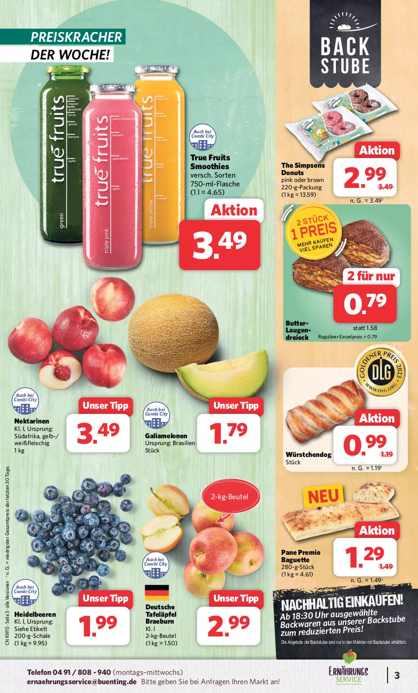 Aktueller Prospekt Combi - Prospekte - von 08.04 bis 13.04.2024 - strona 3 - produkty: angebot, angebote, baguette, beere, beeren, beutel, butter, Donut, donuts, eis, flasche, fleisch, galiamelone, heidelbeere, heidelbeeren, kracher, melone, melonen, Nektar, nektarinen, reis, Schal, Schale, sim, smoothie, smoothies, stube, tafeläpfel, telefon, Ti, true fruits, uhr, würstchen, ZTE