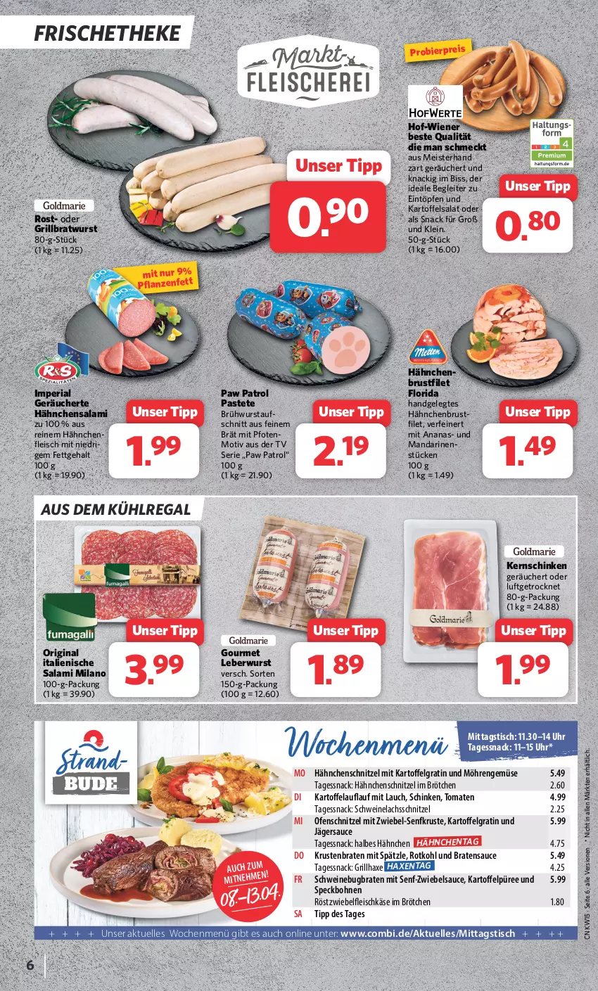 Aktueller Prospekt Combi - Prospekte - von 08.04 bis 13.04.2024 - strona 6 - produkty: ananas, aufschnitt, aus dem kühlregal, axe, bier, bohne, bohnen, braten, bratwurst, brötchen, Brühwurst, brustfilet, eintöpfe, eis, elle, filet, fleisch, fleischkäse, gin, grill, grillbratwurst, grillhaxe, hähnchenbrust, hähnchenbrustfilet, Hähnchenfleisch, Hähnchenschnitzel, Haxe, kartoffel, Kartoffelpüree, kartoffelsalat, Käse, kernschinken, krustenbraten, kühlregal, lachs, leberwurst, LG, mandarine, mandarinen, Meister, möhren, Ofen, pastete, Paw Patrol, pflanze, pflanzen, Pflanzenfett, püree, regal, reis, Ria, rotkohl, salami, salat, sauce, schinken, schnitzel, schwein, schweine, Schweinelachs, senf, snack, Speck, Ti, tisch, tomate, tomaten, uhr, wein, weine, wiener, wurst, zwiebel