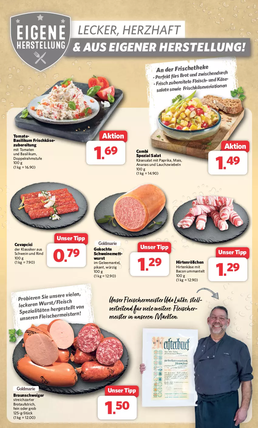 Aktueller Prospekt Combi - Prospekte - von 08.04 bis 13.04.2024 - strona 8 - produkty: ananas, aufstrich, bacon, basilikum, bier, Biere, braun, brot, brotaufstrich, cevapcici, doppelrahmstufe, eis, fleisch, frischkäse, gelee, hirtenkäse, Hirtenröllchen, Käse, Lauchzwiebel, lauchzwiebeln, mais, Mantel, Meister, Mett, mettwurst, mit paprika, paprika, Ria, rind, salat, salate, schwein, schwein und rind, schweine, schweinemett, Spezi, Streichzart, Ti, tomate, tomaten, wein, weine, wurst, zwiebel, zwiebeln