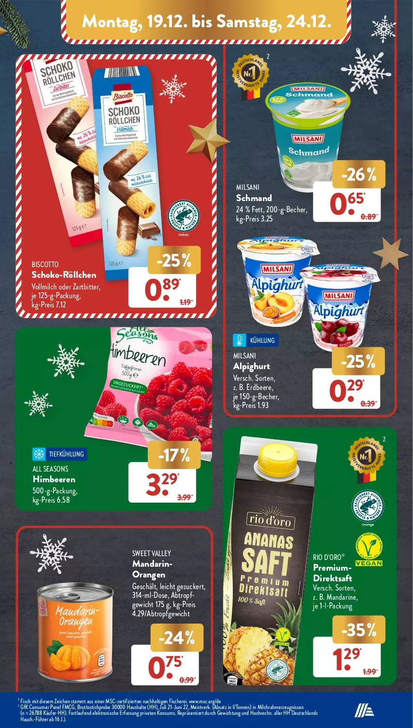 Aktueller Prospekt AldiSud - IN ZWEI WOCHEN - von 19.12 bis 24.12.2022 - strona 15 - produkty: Becher, beere, beeren, biscotto, brut, direktsaft, eis, Elektro, erdbeere, fisch, fische, Fischer, himbeer, himbeere, himbeeren, HP, Laufen, mandarine, milch, orange, orangen, reis, saft, Schere, schmand, schoko, Ti, vollmilch, zucker