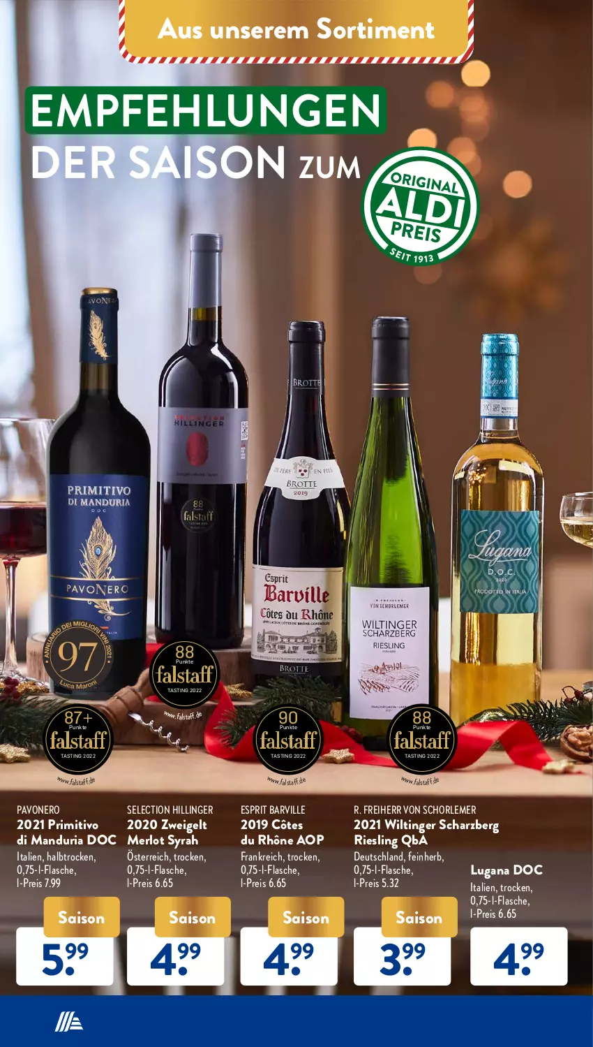 Aktueller Prospekt AldiSud - IN ZWEI WOCHEN - von 19.12 bis 24.12.2022 - strona 42 - produkty: asti, bier, eis, esprit, flasche, merl, merlot, nero, primitivo, reis, Ria, riesling, schorle, Ti, Zweigelt