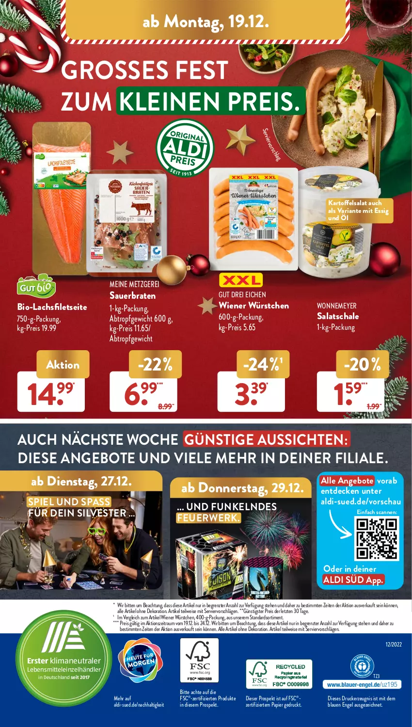 Aktueller Prospekt AldiSud - IN ZWEI WOCHEN - von 19.12 bis 24.12.2022 - strona 48 - produkty: aldi, alle artikel ohne dekoration, angebot, angebote, auer, bio, braten, decke, dekoration, drucker, eis, Engel, essig, filet, filets, kartoffel, kartoffelsalat, kerze, lachs, lachsfilet, lachsfilets, lebensmittel, leine, papier, reis, Ria, rwe, salat, Schal, Schale, Ti, wiener, wiener würstchen, würstchen, ZTE