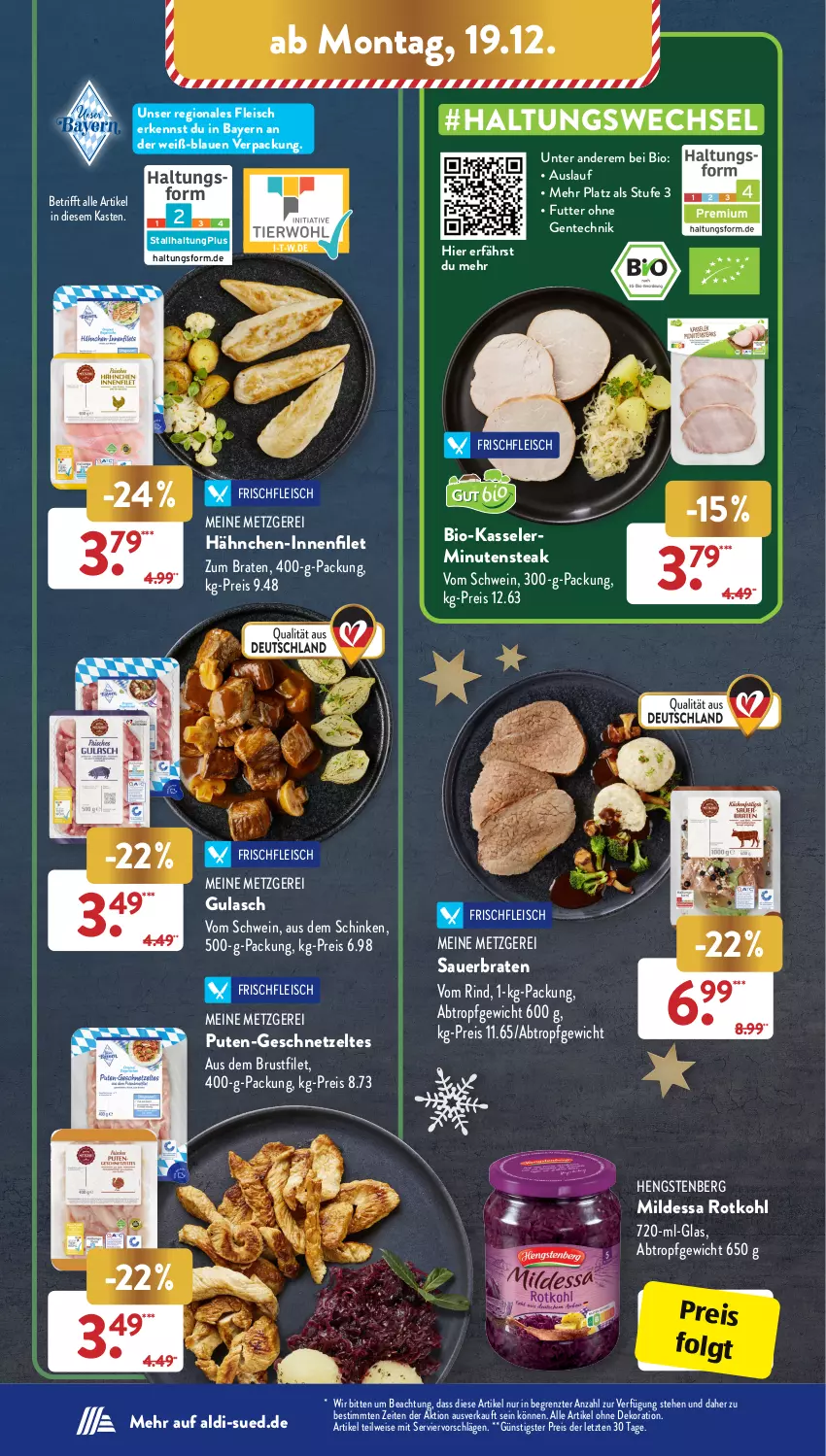 Aktueller Prospekt AldiSud - IN ZWEI WOCHEN - von 19.12 bis 24.12.2022 - strona 6 - produkty: aldi, alle artikel ohne dekoration, auer, bio, braten, brustfilet, dekoration, eis, ente, filet, fleisch, geschnetzeltes, gsw, gulasch, hengstenberg, kasseler, LG, pute, reis, rind, rotkohl, schinken, schwein, steak, Ti, wein, Zelt, ZTE