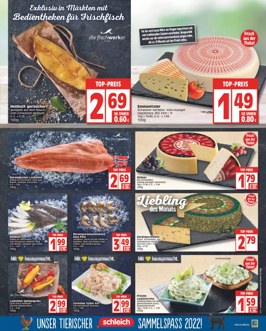 Aktueller Prospekt Edeka - Angebote der Woche - von 19.09 bis 24.09.2022 - strona 5 - produkty: braten, doppelrahmstufe, dressing, eis, emmentaler, filet, frischkäse, garnelen, grill, hartkäse, ideal zum braten, Käse, Kürbis, kürbiskerne, lachs, lachsfilet, mac, nuss, paprika, Rauch, rebell, reis, Schal, Schale, schnitten, schnittkäse, schweizer hartkäse, Spitzpaprika, Sylter, terrine, Ti, top-preis, ZTE