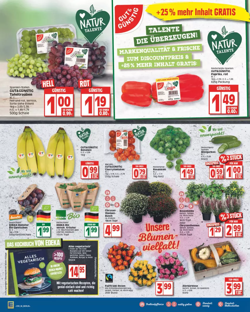 Aktueller Prospekt Edeka - Angebote der Woche - von 19.09 bis 24.09.2022 - strona 6 - produkty: acer, banane, bananen, basilikum, bio, bio-basilikum, blume, blumen, buch, burger, deka, edeka bio, eintöpfe, eis, gurke, gurken, HP, korb, kräuter, Kürbis, pasta, reis, rezept, rezepte, rosen, Rosenkohl, salat, salate, Schal, Schale, tafeltrauben, Ti, topf, trauben, Vegeta, wok, ZTE