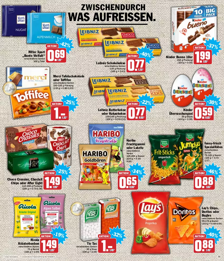 Aktueller Prospekt Hit - Prospekte - von 10.01 bis 15.01.2022 - strona 11 - produkty: after eight, beutel, bugles, butter, butterkeks, chips, choclait chips, choco crossies, cola, crossies, Doritos, eis, elle, frucht, fruchtgummi, funny-frisch, haribo, kakao, keks, kekse, Kinder, kinder bueno, kräuter, Lakritz, leibniz, merci, oder lakritz, reis, reiss, Ricola, ritter, ritter sport, schoko, schokolade, Spezi, Sport, tafelschokolade, teller, Ti, toffifee