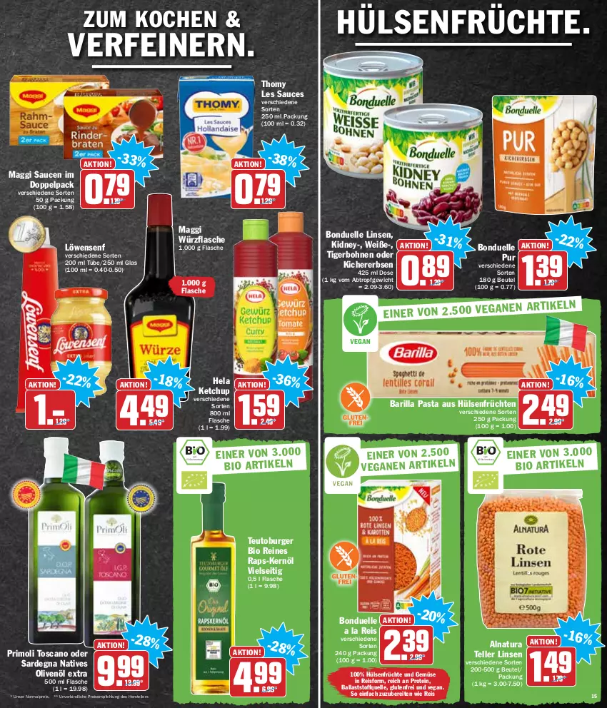 Aktueller Prospekt Hit - Prospekte - von 10.01 bis 15.01.2022 - strona 15 - produkty: ball, barilla, beutel, bio, bohne, bohnen, bonduelle, burger, eis, elle, erbsen, flasche, früchte, früchten, Hela, hülsenfrüchte, ketchup, kichererbsen, kidney, linsen, löwensenf, maggi, natives olivenöl, natur, natura, olive, oliven, olivenöl, olivenöl extra, pasta, reis, sauce, saucen, senf, teller, thomy, thomy les sauces, Ti, und gemüse