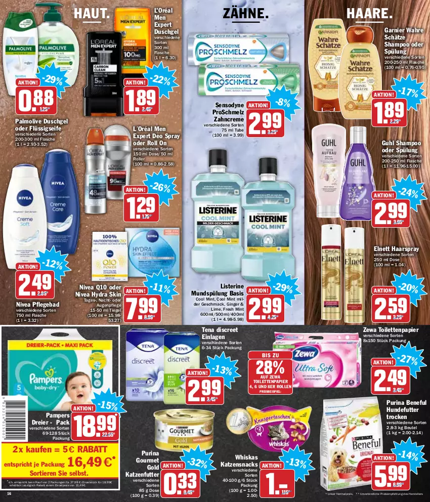 Aktueller Prospekt Hit - Prospekte - von 10.01 bis 15.01.2022 - strona 16 - produkty: Augenpflege, Bad, beutel, creme, deo, deo spray, Discreet, duschgel, eier, eis, elle, elnett, flasche, flüssigseife, garnier, gin, ginger, gourmet gold, Guhl, haarspray, katzenfutter, katzensnack, katzensnacks, L´Oréal, listerine, mac, mint, mundspülung, nivea, olive, palmolive, pampers, papier, purina, Q10, reis, Roller, Seife, sensodyne, shampoo, shampoo oder spülung, snack, snacks, spülung, teller, tender, Ti, Tiere, toilettenpapier, Wahre Schätze, whiskas, zahncreme, zewa