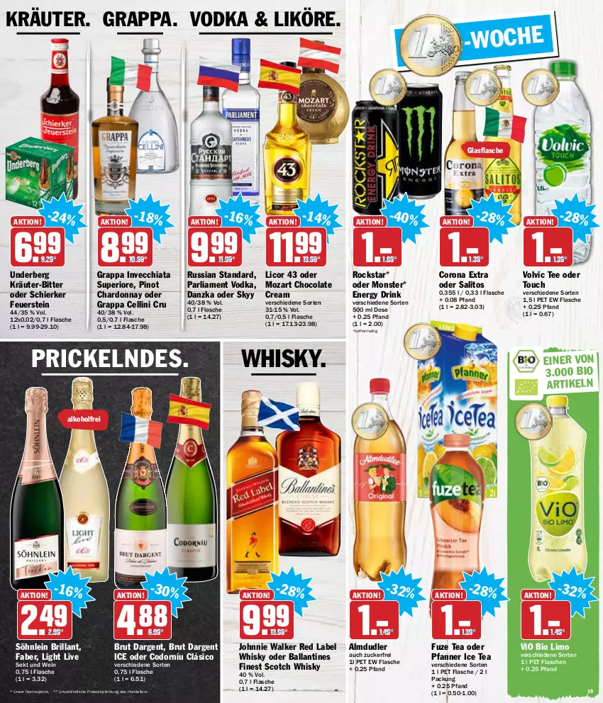 Aktueller Prospekt Hit - Prospekte - von 10.01 bis 15.01.2022 - strona 19 - produkty: alkohol, almdudler, ball, bio, bio limo, brut, brut dargent, chardonnay, chia, cola, corona, corona extra, drink, eis, elle, energy drink, flasche, fuze tea, glasflasche, grappa, ice tea, johnnie walker, kräuter, licor, licor 43, likör, limo, monster, pfanne, Pfanner, Pinot, reis, Rockstar, russian standard, scotch, scotch whisky, sekt, skyy, söhnlein, söhnlein brillant, tee, teller, Ti, underberg, vio bio limo, vodka, volvic, wein, whisky, zucker