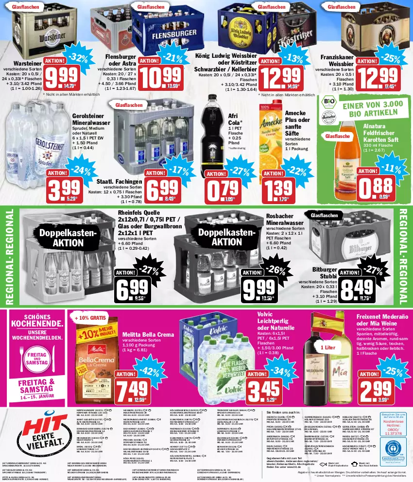 Aktueller Prospekt Hit - Prospekte - von 10.01 bis 15.01.2022 - strona 20 - produkty: Afri Cola, Alwa, amecke, angebot, angebote, Astra, auer, Bad, bella crema, bier, bitburger, braun, burger, burgwallbronn, cola, drucker, eimer, eis, elle, Engel, ente, fisch, flasche, flensburger, franziskaner, freixenet, gerolsteine, gerolsteiner, glasflasche, karotten, kellerbier, kerze, köstritzer, Lübecker, melitta, mineralwasser, natur, natura, Rauch, reis, rel, rheinfels quelle, rwe, saft, säfte, Sprudel, Staatl. Fachingen, steiner, teller, Ti, uhr, volvic, warsteiner, wasser, wein, weine, weissbier