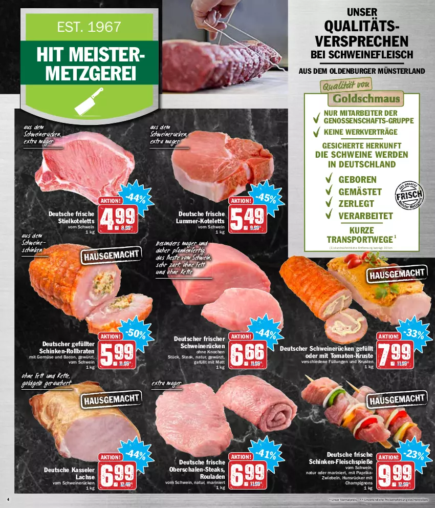 Aktueller Prospekt Hit - Prospekte - von 10.01 bis 15.01.2022 - strona 4 - produkty: bacon, braten, burger, champignon, champignons, eis, elle, erde, fleisch, Fleischspieße, gewürz, kasseler, Kette, kotelett, lachs, Meister, Mett, mit gemüse, mit paprika, natur, paprika, pfanne, pfannen, reis, rollbraten, rouladen, Schal, Schale, schinken, schwein, schweine, schweinefleisch, schweinerücken, Sport, steak, steaks, teller, Ti, tomate, tomaten, wein, weine, zwiebel, zwiebeln