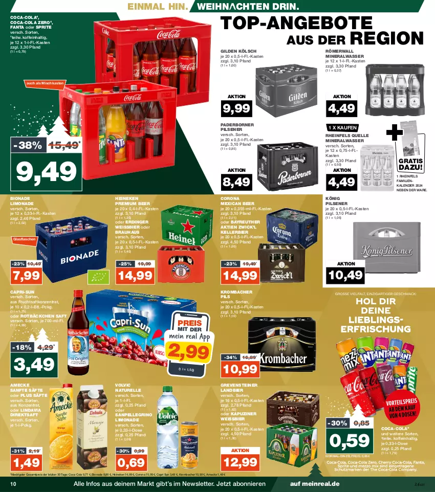 Aktueller Prospekt Real - von 27.11 bis 02.12.2023 - strona 10 - produkty: Alwa, amecke, angebot, angebote, bier, bio, bionade, Cap, capri-sun, coca-cola, cola, corona, direktsaft, eis, elle, erdinger, fanta, fanta oder, fanta oder sprite, flasche, frucht, fruchtsaft, glasflasche, grevensteiner, heineken, kellerbier, könig pilsener, krombache, krombacher, krombacher pils, limo, limonade, mineralwasser, natur, oder sprite, pils, pilsener, reis, rel, rheinfels quelle, saft, säfte, sanpellegrino, sprite, steiner, Ti, top-angebot, volvic, wasser, weihnachten, weissbier, WICK, ZTE