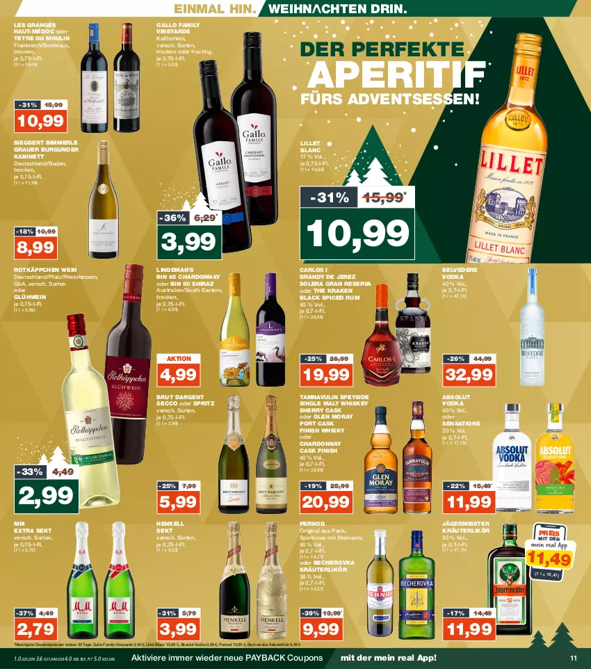 Aktueller Prospekt Real - von 27.11 bis 02.12.2023 - strona 11 - produkty: Absolut Vodka, aperitif, arlo, auer, aust, Bad, Becher, Becherovka, brut, brut dargent, burgunder, chardonnay, coupon, coupons, ecco, eis, Finish, frucht, gallo, gallo family, Germ, gin, Glühwein, grauer burgunder, henkel, henkell, henkell sekt, hero, jägermeister, kabinett, kräuter, kräuterlikör, lack, likör, lillet, Meister, merl, mm extra, payback, reis, rotkäppchen, rum, sekt, sensations, single malt, Ti, vodka, weihnachten, wein, whiskey, whisky, ZTE