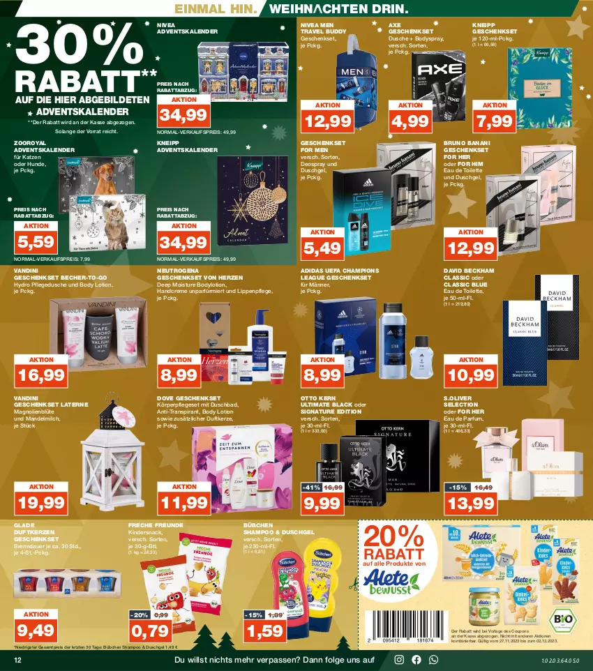 Aktueller Prospekt Real - von 27.11 bis 02.12.2023 - strona 12 - produkty: Adidas, Adventskalender, auer, axe, Bad, Becher, Blüte, body, body lotion, bodylotion, bodyspray, bruno banani, bübchen, champion, coupon, coupons, creme, David Beckham, deo, deospray, dove, Duftkerze, duschbad, dusche, duschgel, Eau de parfum, eau de toilette, eis, freche freunde, geschenkset, Glade, handcreme, kerze, Kinder, kneipp, körperpflege, lack, laterne, LG, Lippenpflege, Lotion, mandel, milch, natur, neutrogena, nivea, Nivea Men, olive, Otto kern, parfum, pflegedusche, reis, s.oliver, shampoo, snack, Ti, weihnachten, ZTE