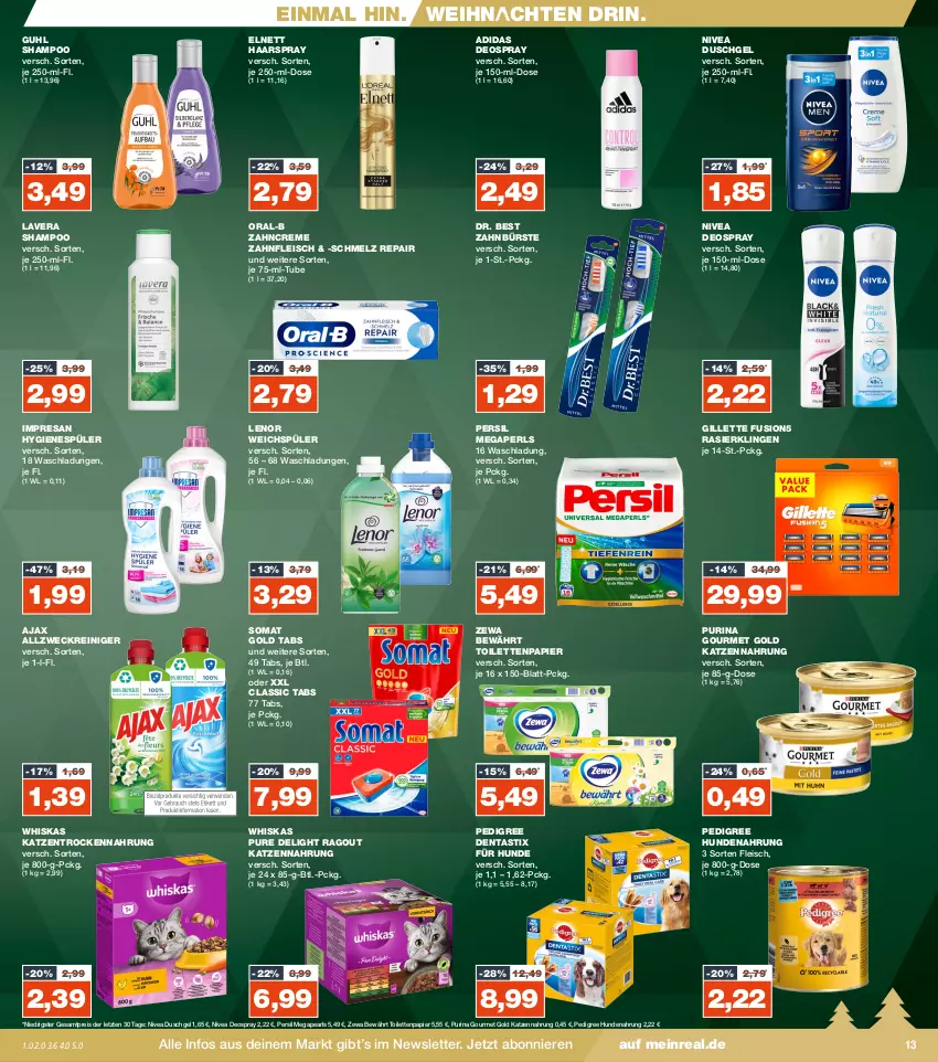 Aktueller Prospekt Real - von 27.11 bis 02.12.2023 - strona 13 - produkty: Adidas, ajax, allzweckreiniger, asti, bürste, creme, dentastix, deo, deospray, Dr. Best, duschgel, eis, elnett, fleisch, fusion5, gillette, gourmet gold, Guhl, haarspray, hundenahrung, hygienespüler, katzennahrung, lavera, lenor, lenor weichspüler, megaperls, nivea, oral-b, papier, pedigree, persil, purina, Ragout, Rasierklinge, rasierklingen, reiniger, reis, resa, shampoo, somat, Ti, toilettenpapier, Trockennahrung, weck, weichspüler, weihnachten, whiskas, zahnbürste, zahncreme, zewa, ZTE