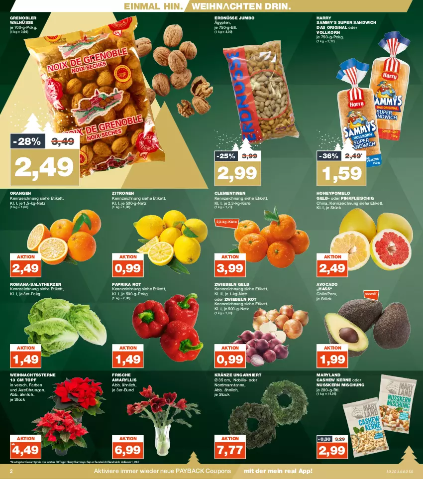 Aktueller Prospekt Real - von 27.11 bis 02.12.2023 - strona 2 - produkty: avocado, Cashew, clementinen, coupon, coupons, eis, erdnüsse, fleisch, garnier, gin, jumbo, korn, nuss, orange, orangen, paprika, paprika rot, payback, Pomelo, reis, salat, salatherzen, sandwich, Ti, topf, weihnachten, Weihnachtsstern, zitrone, zitronen, ZTE, zwiebel, zwiebeln