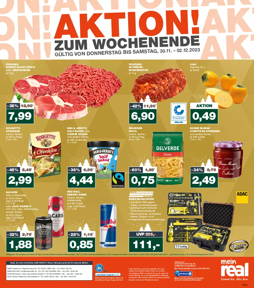 Aktueller Prospekt Real - von 27.11 bis 02.12.2023 - strona 20 - produkty: bacardi, Becher, beere, bonne maman, bosch, braten, cookie, cookie dough, coupon, coupons, drink, drucker, eis, elle, energy drink, Engel, ente, erdbeere, erde, fleisch, hackfleisch, jack daniel, Jack Daniel’s, Kaki, Käse, kerze, koffer, konfitüre, LG, mam, Narzissen, Ofen, Ofenkäse, pasta, payback, red bull, reis, rind, rinder, rinder-hackfleisch, rouge, rougette, rwe, schrauben, Schraubendreher, schwein, schweine, Ti, uhr, wasser, wein, weine, werkzeug, Zangen, ZTE