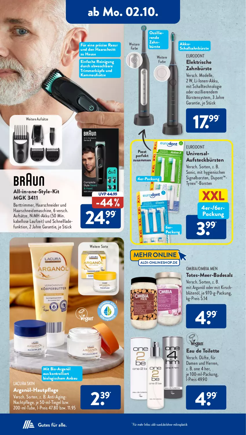 Aktueller Prospekt AldiSud - NÄCHSTE WOCHE - von 02.10 bis 07.10.2023 - strona 17 - produkty: akku, aldi, asti, aufsteckbürsten, Bad, Bau, bio, Blüte, bürste, bürsten, dell, eau de toilette, eis, elektrische zahnbürste, elle, gin, haarschneider, Hautpflege, je 50-ml-tiegel, kirsch, Mode, nachtpflege, Reinigung, reis, salz, Schal, schallzahnbürste, schnellladefunktion, Signal, Ti, trolli, zahnbürste