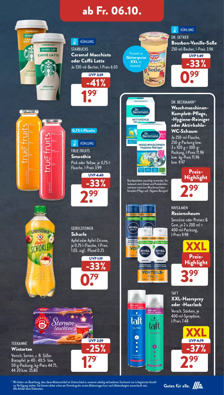 Aktueller Prospekt AldiSud - NÄCHSTE WOCHE - von 02.10 bis 07.10.2023 - strona 34 - produkty: ACC, alle artikel ohne dekoration, apfel, arla, Becher, bio, biozidprodukte, bourbon, caffè latte, caramel, chia, dekoration, Dr. Beckmann, Dr. Oetker, eis, ente, flasche, gerolsteine, gerolsteiner, gin, götterspeise, Haarlack, haarspray, hygiene-reiniger, lack, latte, mac, macchiato, nivea, Nivea Men, Rasierschaum, Rauch, reiniger, reis, rwe, schorle, smoothie, Soße, starbucks, steiner, Taft, tee, teekanne, Ti, true fruits, vanille, waschmaschine, waschmaschinen, zitrone, ZTE