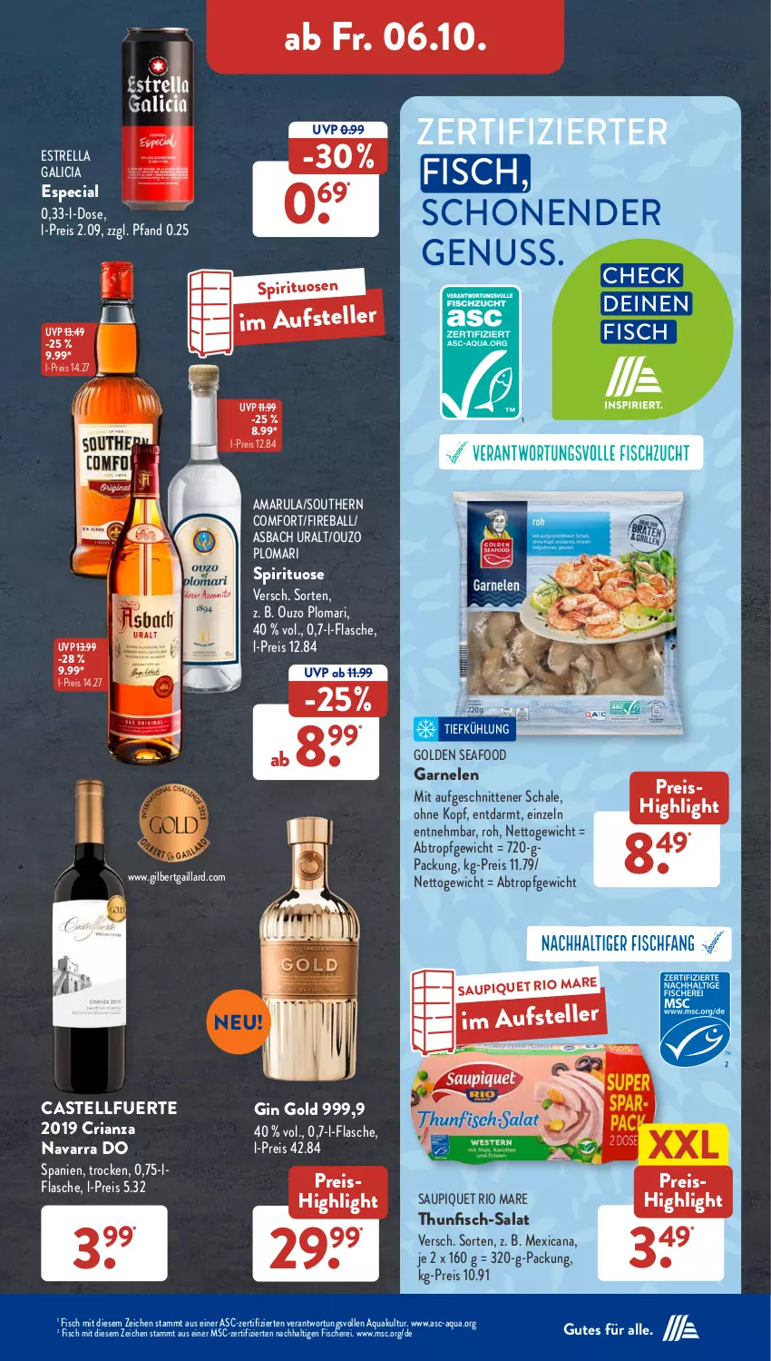 Aktueller Prospekt AldiSud - NÄCHSTE WOCHE - von 02.10 bis 07.10.2023 - strona 36 - produkty: amarula, aqua, asbach uralt, ball, eis, elle, fisch, fische, Fischer, flasche, garnelen, gin, nuss, ouzo, reis, rel, Ria, Rio Mare, salat, saupiquet, Schal, Schale, Schere, schnitten, Southern Comfort, spirituosen, teller, thunfisch, Ti