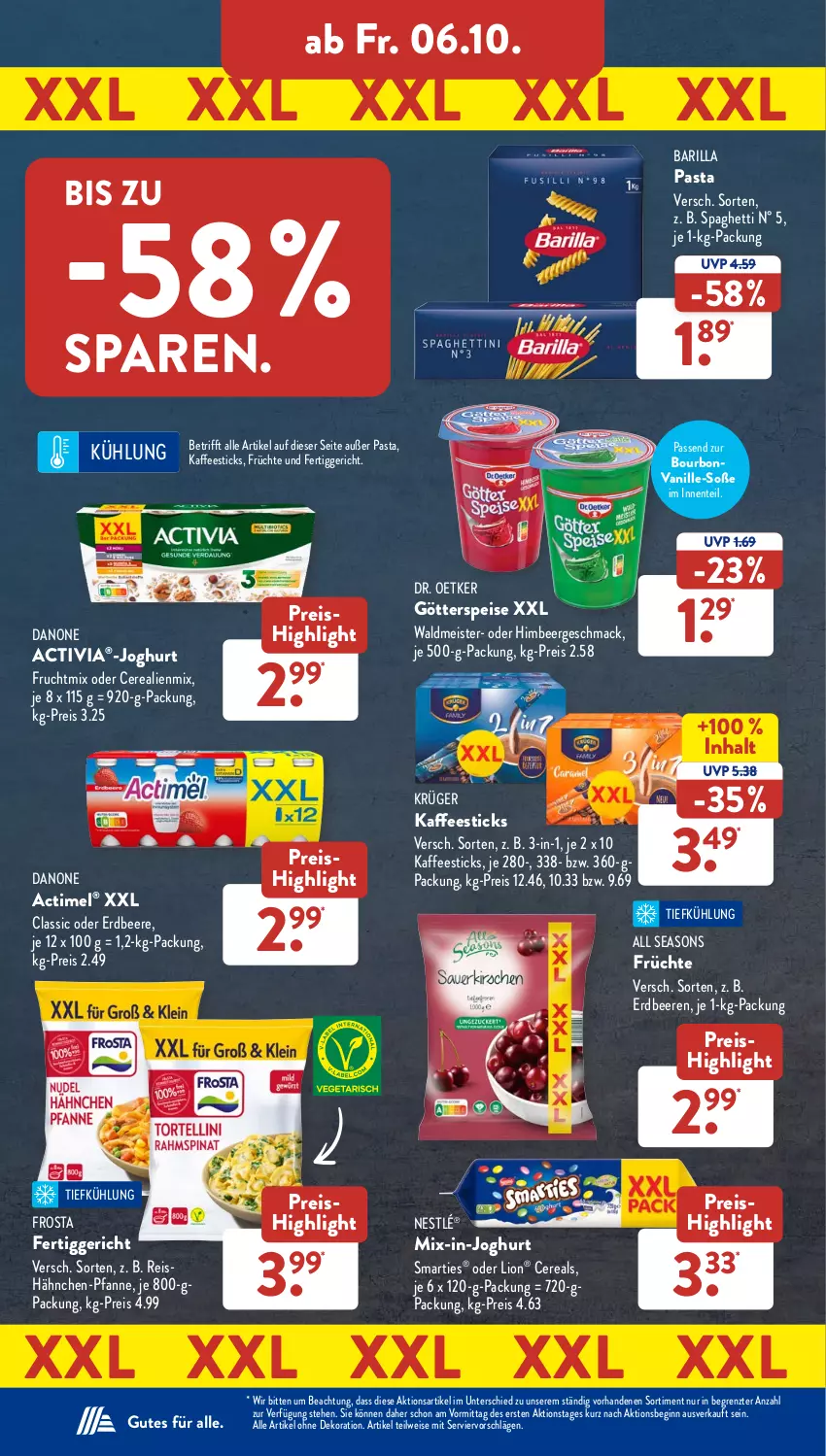 Aktueller Prospekt AldiSud - NÄCHSTE WOCHE - von 02.10 bis 07.10.2023 - strona 37 - produkty: actimel, activia, alle artikel ohne dekoration, barilla, beere, beeren, bourbon, bourbonvanille, cerealien, cereals, danone, danone activia, dekoration, Dr. Oetker, eis, ente, erdbeere, erdbeeren, fertiggericht, frosta, frucht, früchte, gin, götterspeise, himbeer, joghur, joghurt, kaffee, krüger, lion, mac, Meister, nestlé, pasta, pfanne, reis, smarties, Soße, spaghetti, Ti, vanille, waldmeister, ZTE