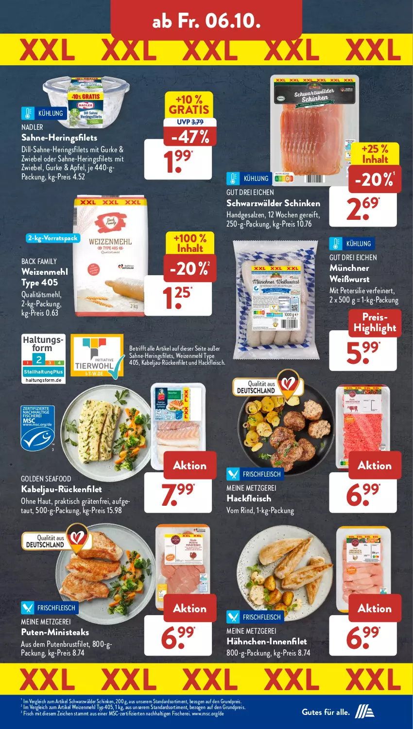 Aktueller Prospekt AldiSud - NÄCHSTE WOCHE - von 02.10 bis 07.10.2023 - strona 38 - produkty: apfel, brustfilet, eis, filet, filets, fisch, fische, Fischer, fleisch, gurke, hackfleisch, hering, Herings, heringsfilets, mehl, nadler, petersilie, pute, putenbrust, putenbrustfilet, reis, rind, ring, sahne, salz, Schere, schinken, schwarzwälder schinken, steak, steaks, Ti, tisch, type 405, Weißwurst, weizenmehl, wurst, zwiebel