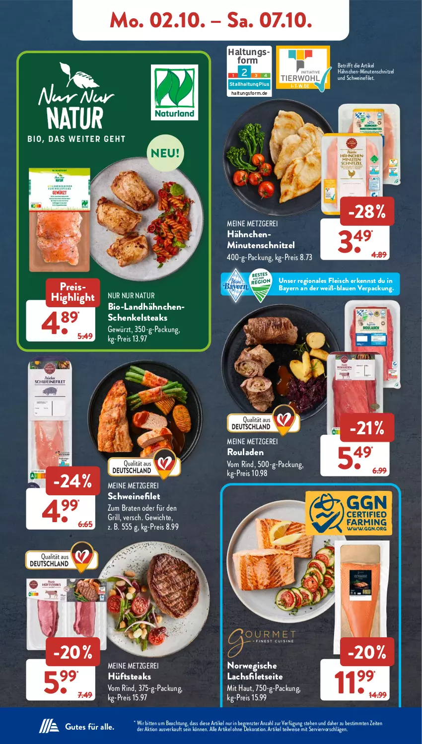 Aktueller Prospekt AldiSud - NÄCHSTE WOCHE - von 02.10 bis 07.10.2023 - strona 6 - produkty: alle artikel ohne dekoration, bio, braten, dekoration, eis, filet, filets, fleisch, gewürz, grill, hähnchenschenkel, henkel, hüftsteak, hüftsteaks, lachs, lachsfilet, lachsfilets, minutenschnitzel, natur, reis, rind, rouladen, rwe, schenkel, schnitzel, schwein, schweine, schweinefilet, steak, steaks, Ti, wein, weine, ZTE