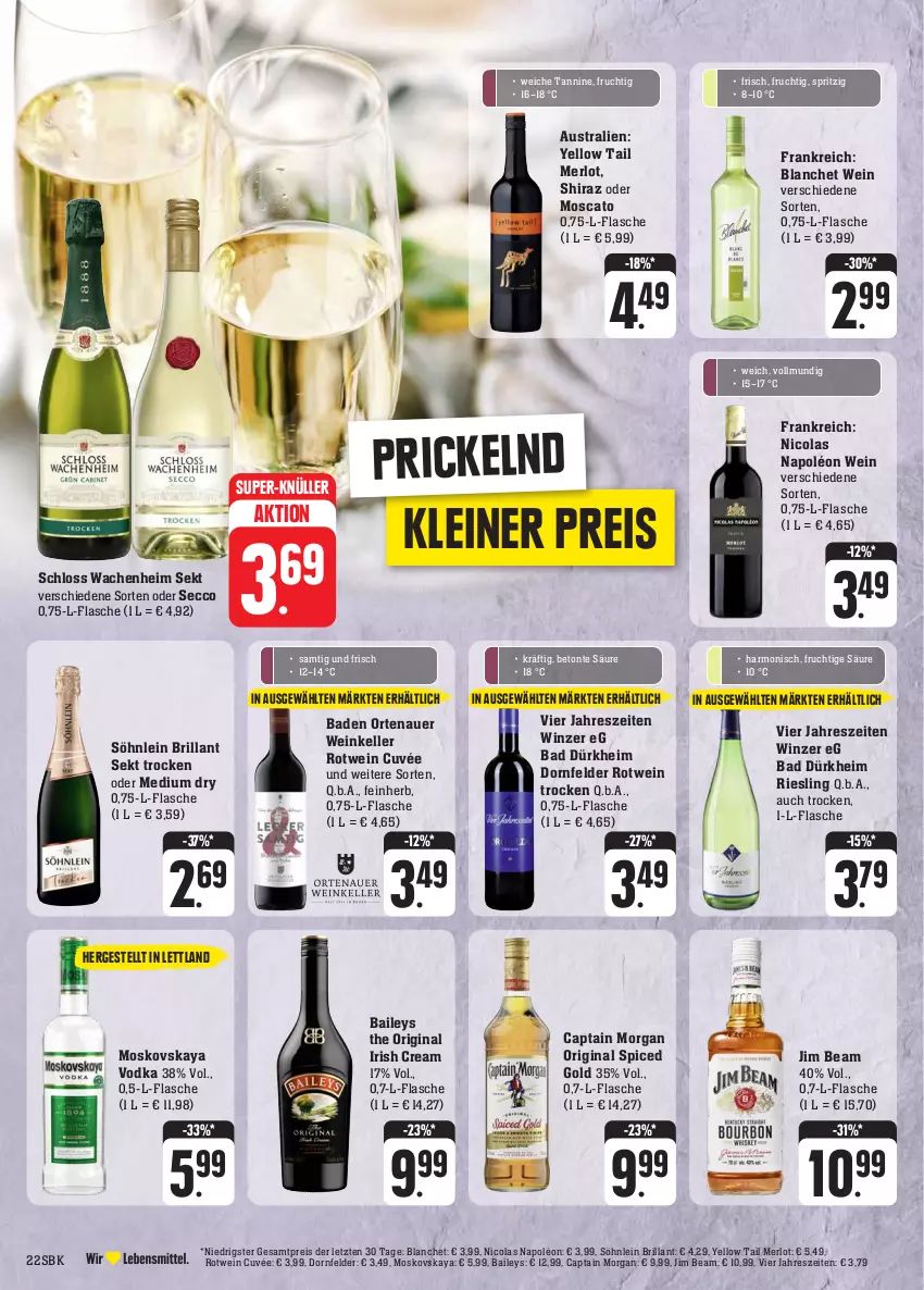 Aktueller Prospekt Edeka - Angebote der Woche - von 25.09 bis 30.09.2023 - strona 26 - produkty: auer, aust, Bad, baileys, brillant sekt, Cap, captain morgan, cola, cuvée, dornfelder, ecco, eis, elle, flasche, frucht, gin, irish cream, jim beam, leine, merl, merlot, moskovskaya, original spiced gold, ortenauer, reis, riesling, rotwein, sekt, söhnlein, söhnlein brillant, super-knüller, Ti, vodka, wein, yellow tail, ZTE