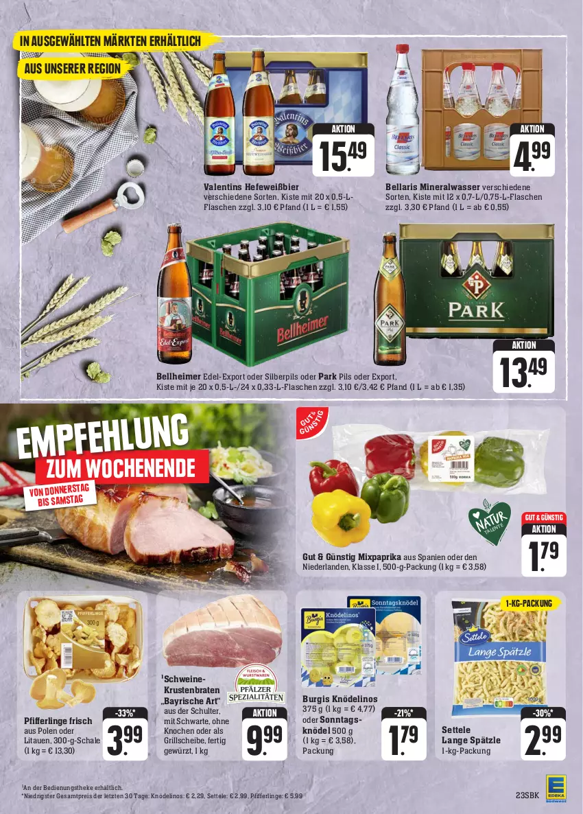 Aktueller Prospekt Edeka - Angebote der Woche - von 25.09 bis 30.09.2023 - strona 27 - produkty: Alwa, bier, braten, eimer, eis, flasche, gewürz, grill, Hefe, Knödel, krustenbraten, mineralwasser, paprika, Pfifferlinge, pils, reis, Schal, Schale, schwein, schweine, settele, Ti, wasser, wein, weine, ZTE