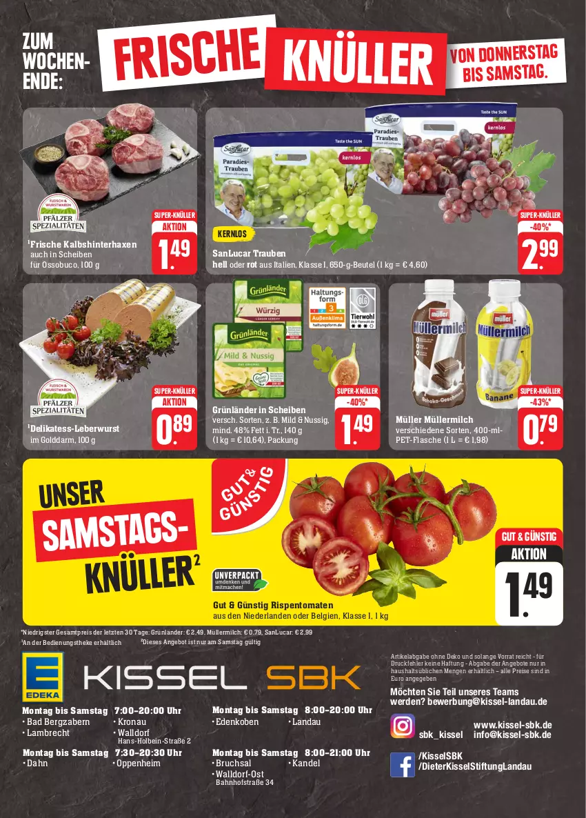 Aktueller Prospekt Edeka - Angebote der Woche - von 25.09 bis 30.09.2023 - strona 28 - produkty: angebot, angebote, axe, Bad, beutel, eis, erde, flasche, grünländer, Haxe, leberwurst, LG, milch, Müller, müllermilch, nuss, pet-flasche, reis, rispentomaten, super-knüller, Ti, tomate, tomaten, trauben, uhr, wurst, ZTE