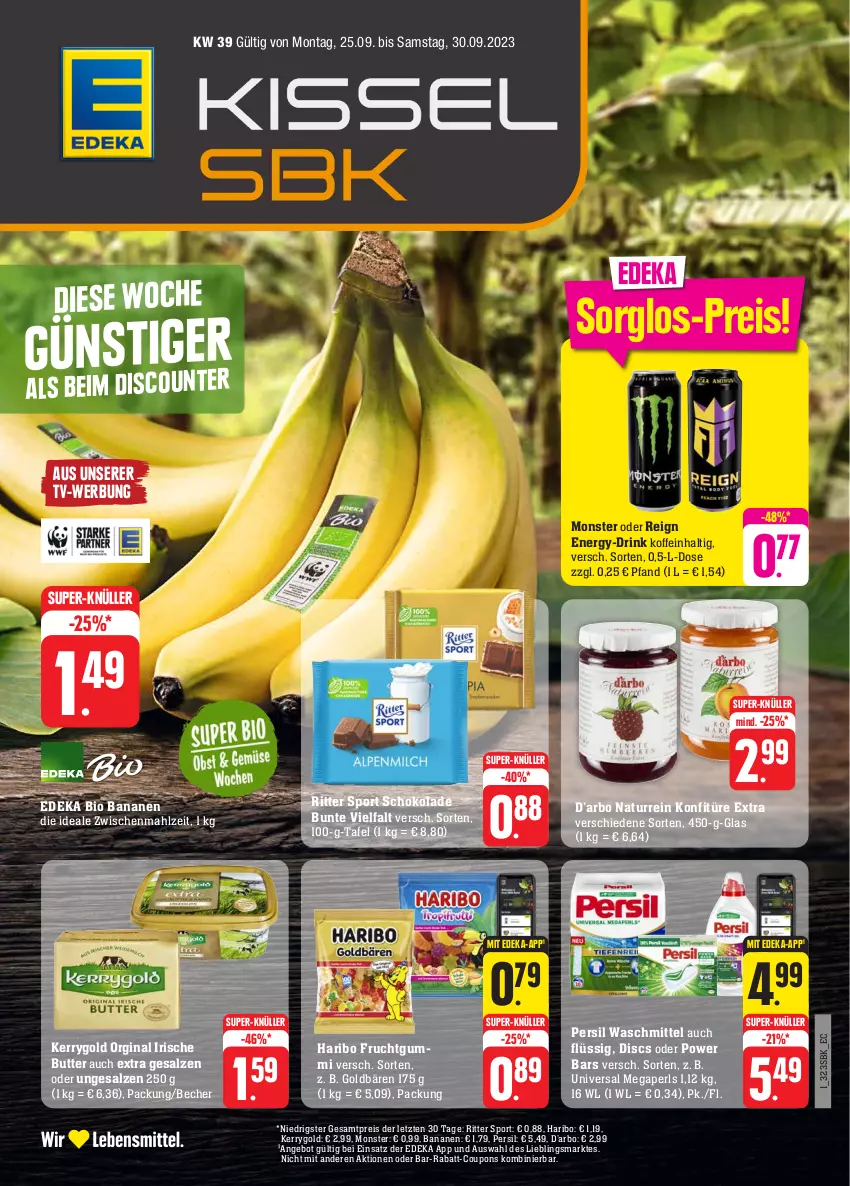 Aktueller Prospekt Edeka - Angebote der Woche - von 25.09 bis 30.09.2023 - strona 5 - produkty: angebot, banane, bananen, Becher, bio, butter, coupon, coupons, deka, drink, edeka bio, eis, frucht, fruchtgummi, gin, goldbären, haribo, irische butter, kerrygold, konfitüre, konfitüre extra, megaperls, monster, natur, persil, persil waschmittel, rabatt-coupon, reis, ritter, ritter sport, salz, schoko, schokolade, Sport, super-knüller, Ti, universal megaperls, waschmittel, ZTE