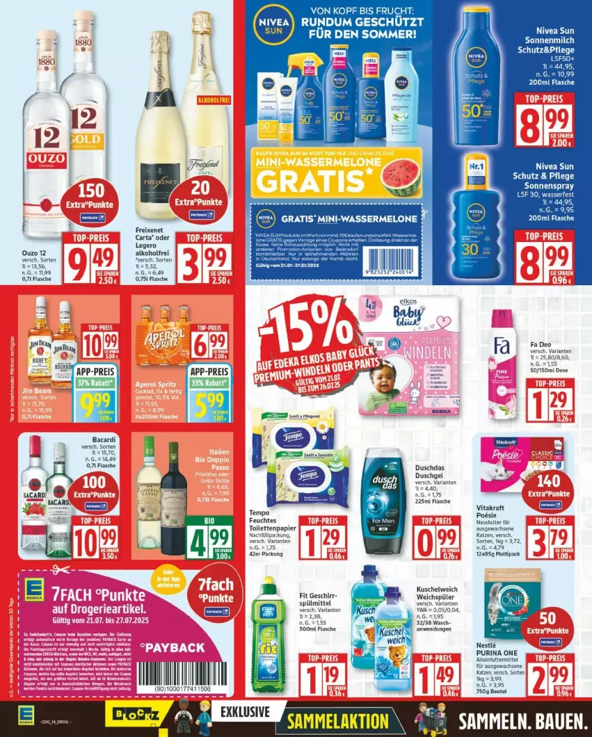 Aktueller Prospekt Edeka - Prospekte - von 21.07 bis 26.07.2025 - strona 14 - produkty: alkohol, alleinfuttermittel, arla, deo, eis, flasche, freixenet, frucht, geschirr, kraft, Kuschelweich, ouzo, papier, purina, reis, sonnenspray, spülmittel, Ti, toilettenpapier, vita, vitakraft, wasser, weichspüler