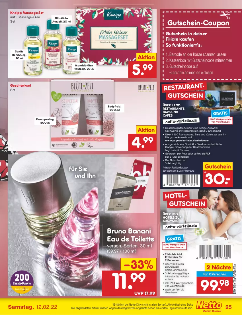 Aktueller Prospekt Netto Marken-Discount - Filial-Angebote - von 07.02 bis 12.02.2022 - strona 25 - produkty: angebot, Blüte, body, bruno banani, coupon, eau de toilette, geschenkset, gutschein, HP, kneipp, LG, mandel, Peeling, Ti, ZTE