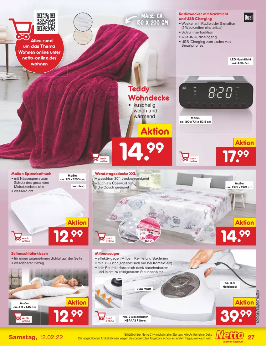 Aktueller Prospekt Netto Marken-Discount - Filial-Angebote - von 07.02 bis 12.02.2022 - strona 27 - produkty: angebot, Behälter, bett, Betttuch, beutel, Couch, decke, Ergee, gin, kissen, matratze, matratzen, molto, Nachtlicht, Radio, Schal, Signal, smartphone, smartphones, spannbetttuch, tagesdecke, Ti, Trockner, tuc, usb, wasser, weck, ZTE