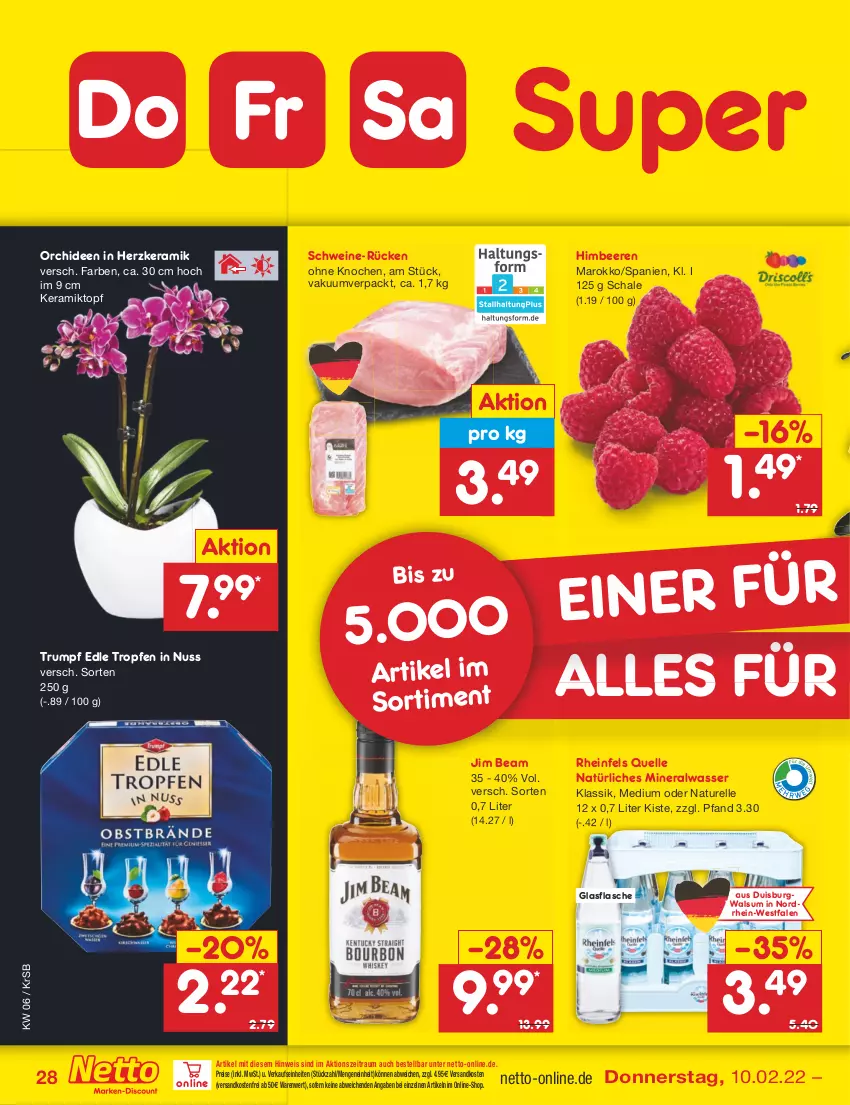 Aktueller Prospekt Netto Marken-Discount - Filial-Angebote - von 07.02 bis 12.02.2022 - strona 28 - produkty: Alwa, beere, beeren, eis, elle, flasche, glasflasche, himbeer, himbeere, himbeeren, jim beam, mineralwasser, natur, natürliches mineralwasser, ndk, nuss, orchidee, orchideen, reis, rel, rheinfels quelle, rum, Schal, Schale, schwein, schweine, Ti, topf, versandkostenfrei, wasser, wein, weine