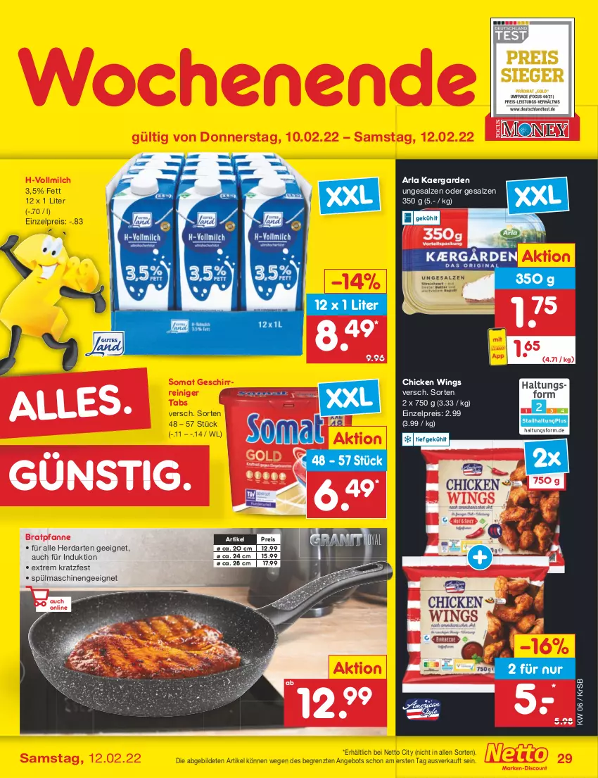 Aktueller Prospekt Netto Marken-Discount - Filial-Angebote - von 07.02 bis 12.02.2022 - strona 29 - produkty: angebot, arla, bratpfanne, chicken wings, eis, geschirr, herdarten, milch, pfanne, reiniger, reis, salz, somat, spülmaschinen, Ti, vollmilch, ZTE