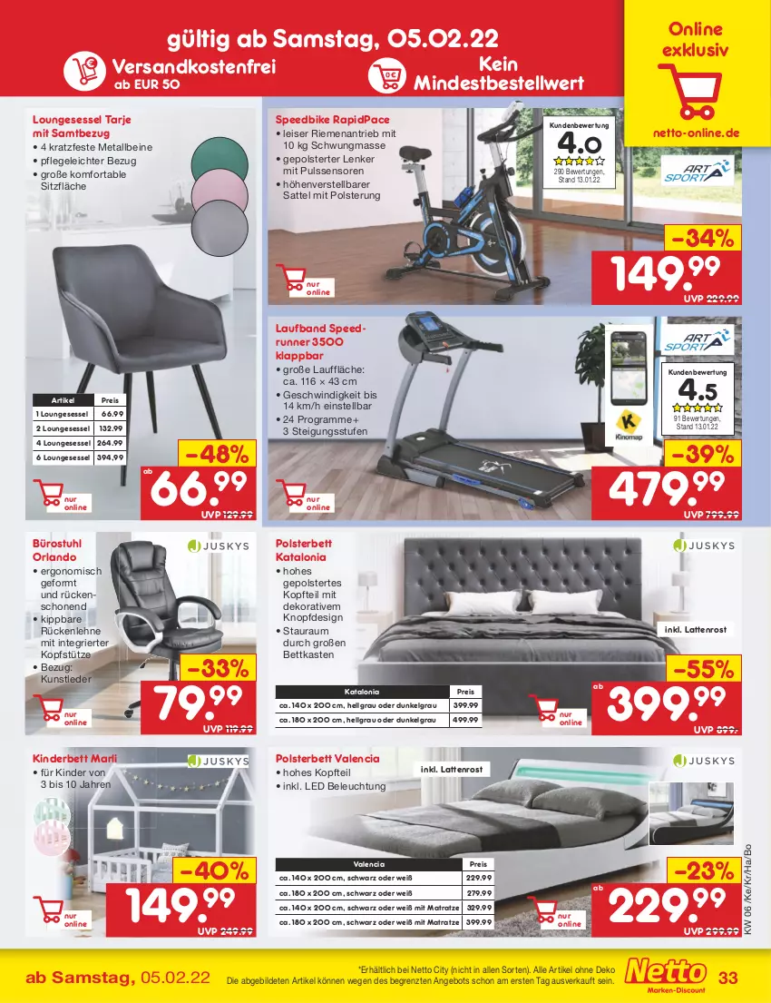 Aktueller Prospekt Netto Marken-Discount - Filial-Angebote - von 07.02 bis 12.02.2022 - strona 33 - produkty: angebot, beleuchtung, bett, bettkasten, eis, Kinder, Kinderbett, kopfstütze, latte, lattenrost, LG, loungesessel, matratze, ndk, polsterbett, reis, rückenlehne, sattel, sessel, spee, stuhl, Ti, versandkostenfrei, ZTE