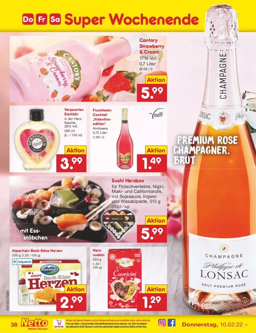 Aktueller Prospekt Netto Marken-Discount - Filial-Angebote - von 07.02 bis 12.02.2022 - strona 38 - produkty: Alpenhain, beere, brut, champagne, champagner, cocktail, eier, eierlikör, eis, flasche, frucht, himbeer, himbeere, ingwer, Käse, likör, ndk, nudel, nudeln, reis, sauce, soja, sojasauce, Sushi, Ti, verpoorten, versandkostenfrei, wasa, wein