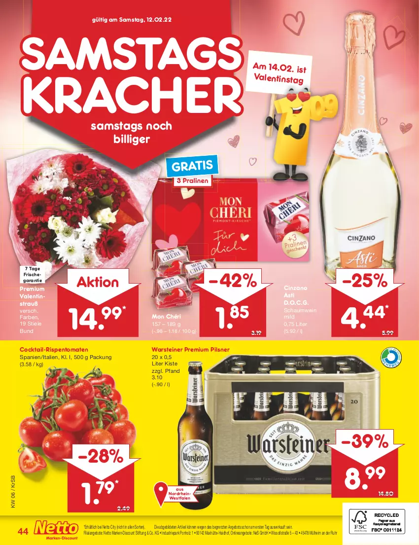 Aktueller Prospekt Netto Marken-Discount - Filial-Angebote - von 07.02 bis 12.02.2022 - strona 44 - produkty: angebot, angebote, asti, cin, cinzano, Cinzano Asti, cocktail, discount, Holz, kracher, marken-discount, Mon Chéri, pils, pilsner, pralinen, premium pils, rispentomaten, steiner, Ti, tomate, tomaten, uhr, warsteiner, wein, ZTE