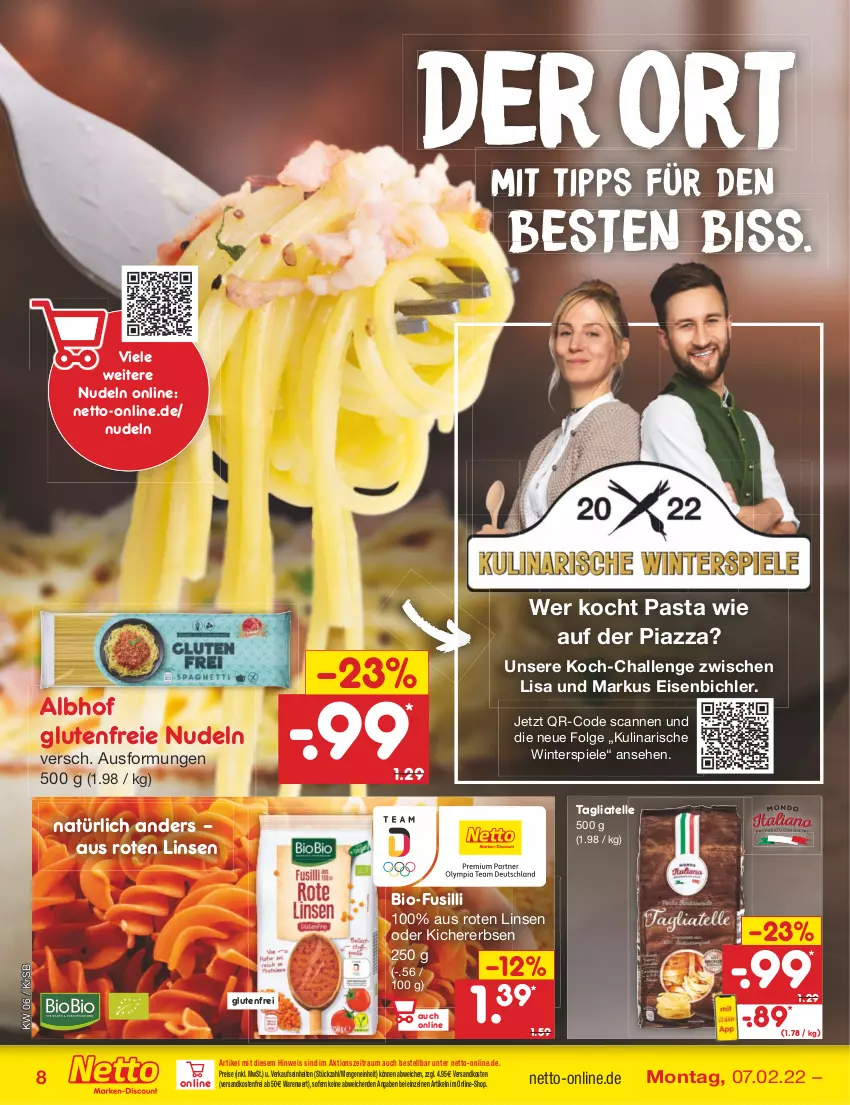 Aktueller Prospekt Netto Marken-Discount - Filial-Angebote - von 07.02 bis 12.02.2022 - strona 8 - produkty: bio, eis, elle, erbsen, fusilli, kichererbsen, LG, linsen, ndk, nudel, nudeln, pasta, reis, Spiele, tagliatelle, Ti, versandkostenfrei