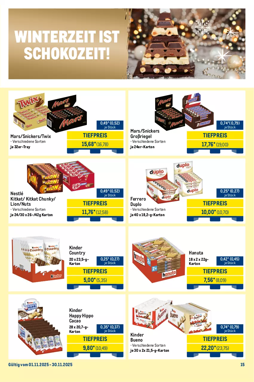 Aktueller Prospekt Metro - Wochen-Angebote Händler - von 17.11 bis 22.11.2025 - strona 24 - produkty: duplo, eis, ferrero, hanuta, hipp, Kinder, kinder bueno, kinder country, kitkat, lion, mars, nestlé, reis, riegel, schoko, snickers, Ti, tiefpreis, twix