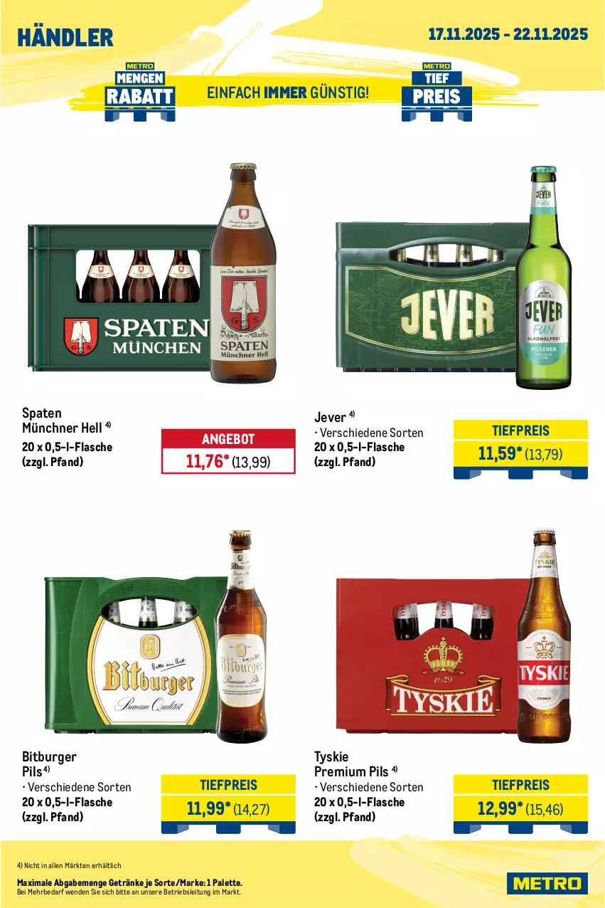 Aktueller Prospekt Metro - Wochen-Angebote Händler - von 17.11 bis 22.11.2025 - strona 6 - produkty: angebot, bacardi, bacardi rum, bitburger, bitburger pils, burger, eis, Fernet, fernet branca, flasche, getränk, getränke, Gorbatschow, jever, kräuter, kräuterlikör, likör, Metro, metro gastro, Palette, pils, premium pils, reis, rum, Spaten, Ti, tiefpreis, tyskie, underberg, wodka