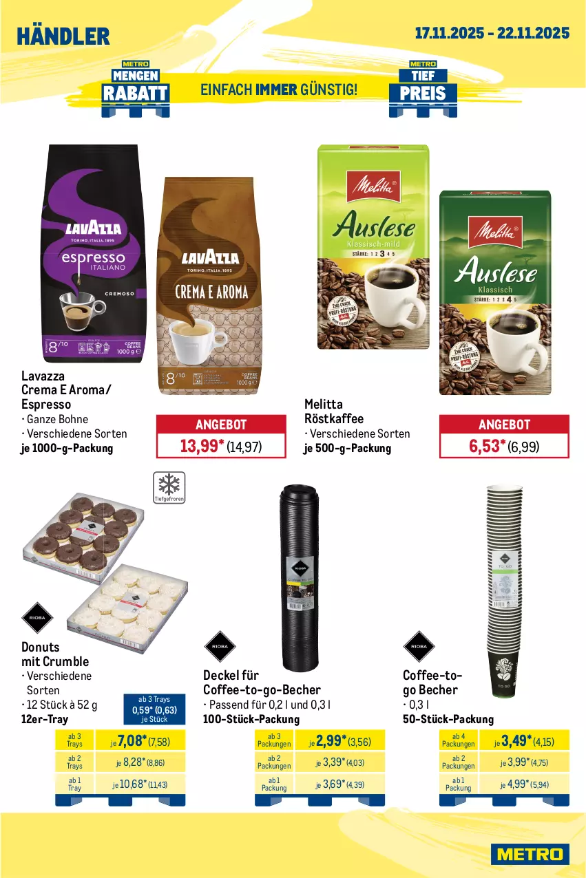 Aktueller Prospekt Metro - Wochen-Angebote Händler - von 17.11 bis 22.11.2025 - strona 9 - produkty: angebot, Becher, bohne, decke, Deckel, Donut, donuts, eis, espresso, kaffee, lavazza, melitta, reis, röstkaffee, rum, Ti