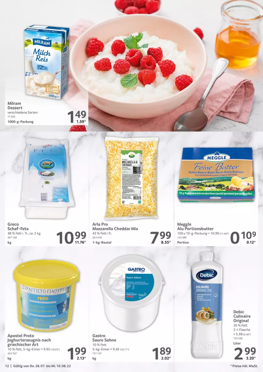 Aktueller Prospekt Selgros - Gastronomie - von 28.07 bis 10.08.2022 - strona 12 - produkty: arla, beutel, butter, cheddar, cin, dessert, eimer, eis, feta, flasche, gin, joghur, joghurt, meggle, milram, mozzarella, reis, rel, sahne, Ti