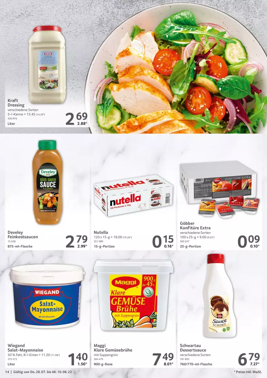 Aktueller Prospekt Selgros - Gastronomie - von 28.07 bis 10.08.2022 - strona 14 - produkty: Brühe, dessert, desserts, dessertsauce, develey, dressing, eimer, eis, feinkost, flasche, Gemüsebrühe, konfitüre, konfitüre extra, kraft, maggi, mayonnaise, nutella, reis, salat, sauce, saucen, Schwartau, suppe, suppen, Ti, Tiere, Yo