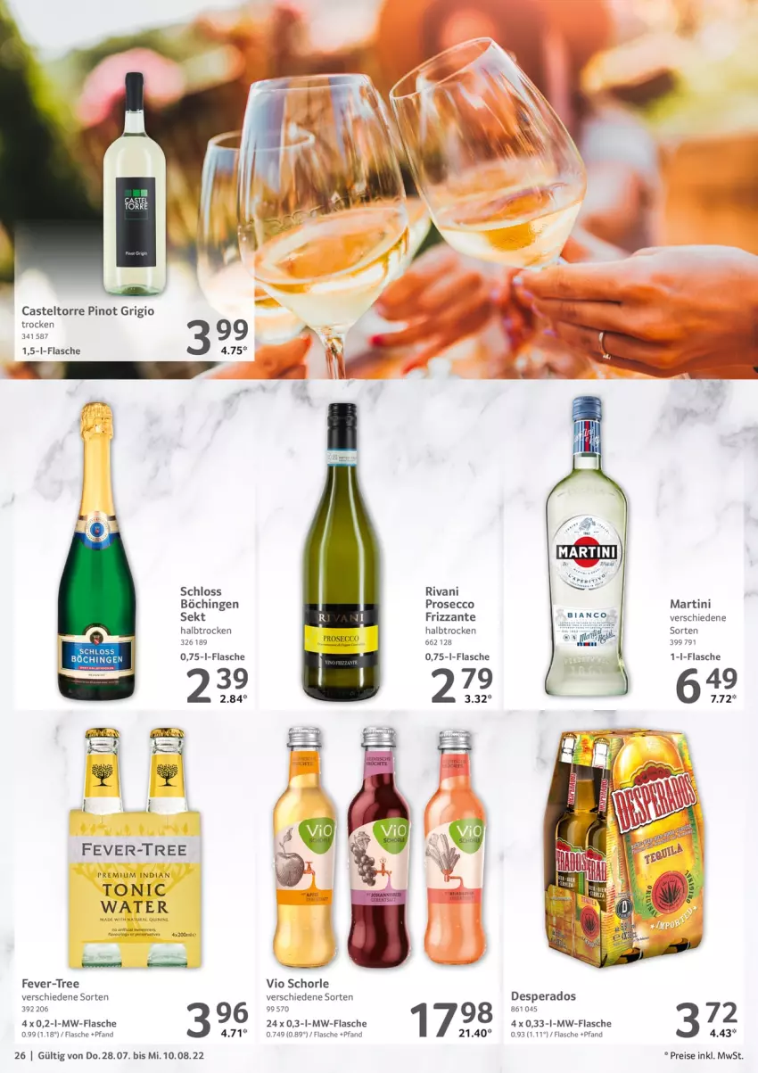 Aktueller Prospekt Selgros - Gastronomie - von 28.07 bis 10.08.2022 - strona 26 - produkty: apfel, desperados, ecco, eis, fever-tree, flasche, frizzante, martini, mw-flasche, natur, natura, Pinot, pinot grigio, prosecco, reis, ring, schorle, sekt, Ti, tonic, tonic water